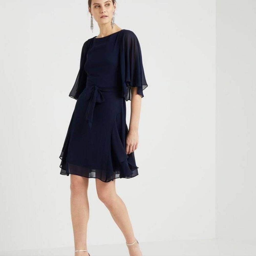 Lauren Ralph Lauren NWT Deep Navy Blue Flutter Sleeve Belted Crepe Mini Dress 2
